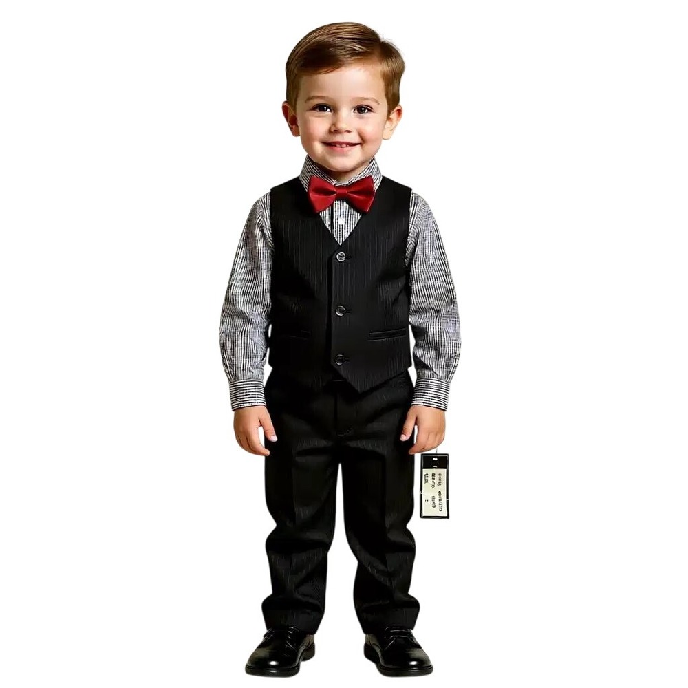 Andrew Fezza Boys 4 Piece Pinstripe Vest Gingham Shirt Bow Tie Suit Set‎  5